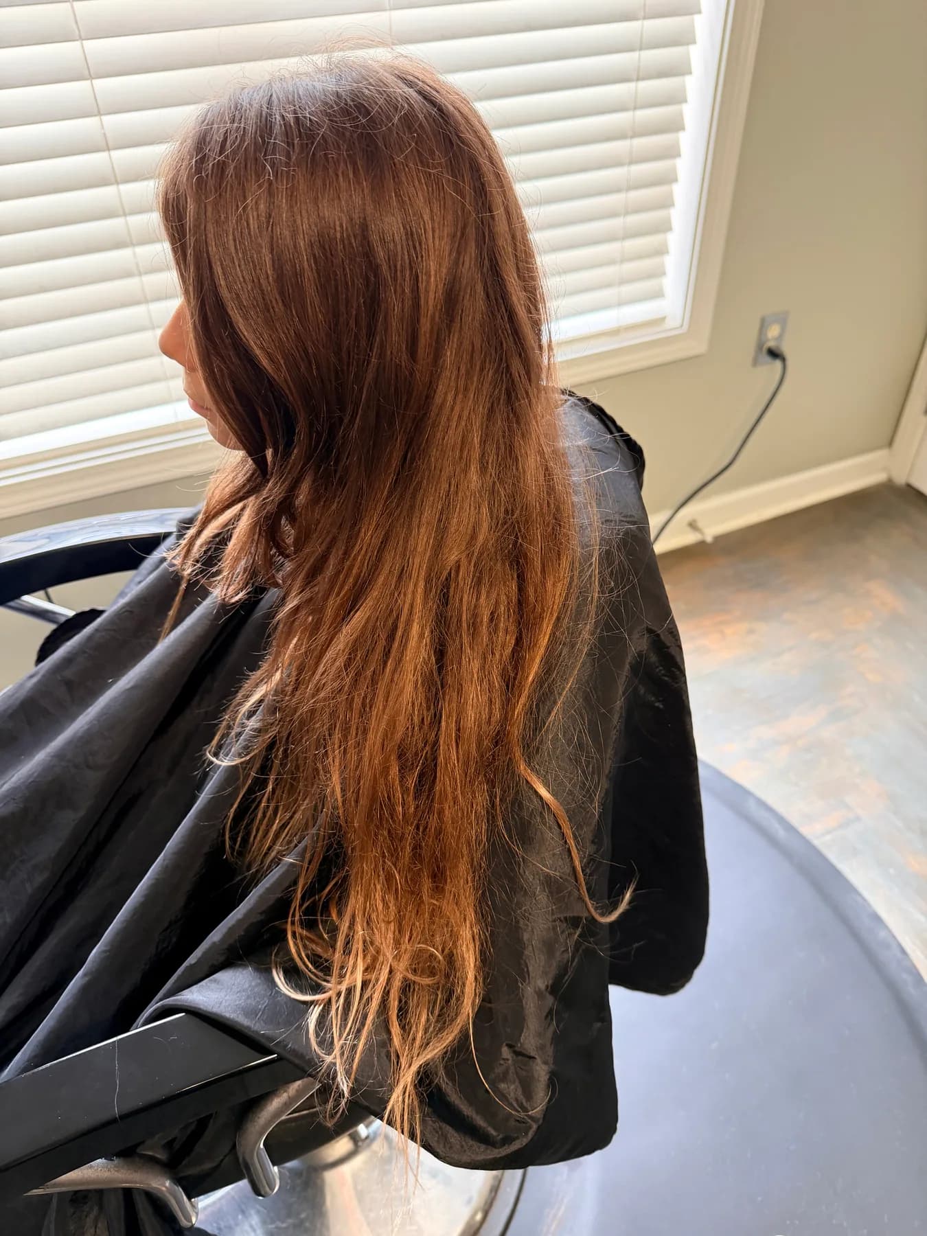 Long copper hair before a Hair Haven color service